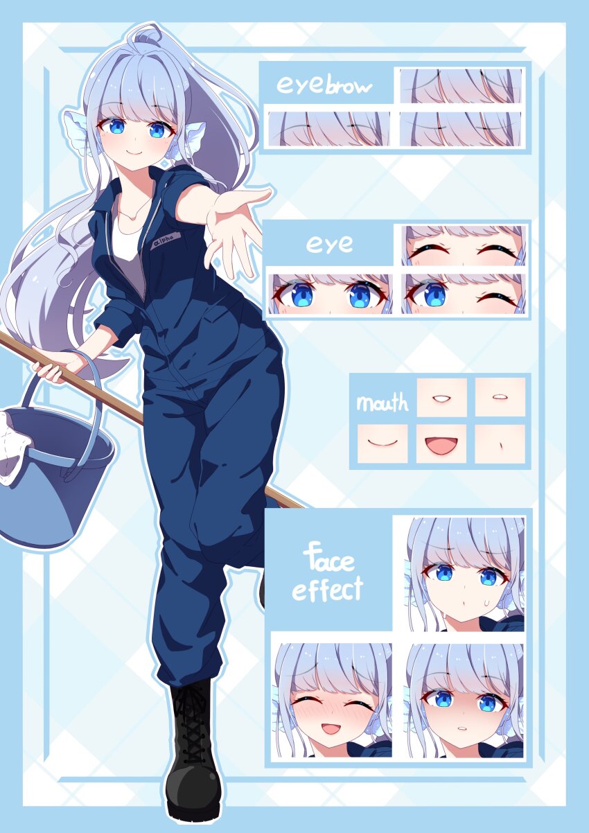 1girl, :d, absurdres, ahoge, alpha_betta_(vtuber), black_boots, blue_eyes, blue_hair