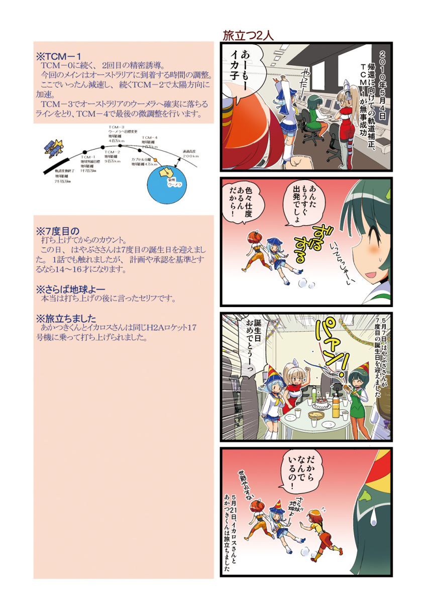 4koma, 5girls, akatsuki_(spacecraft), blue_hair, blush, comic, dei_shirou, closed_eyes