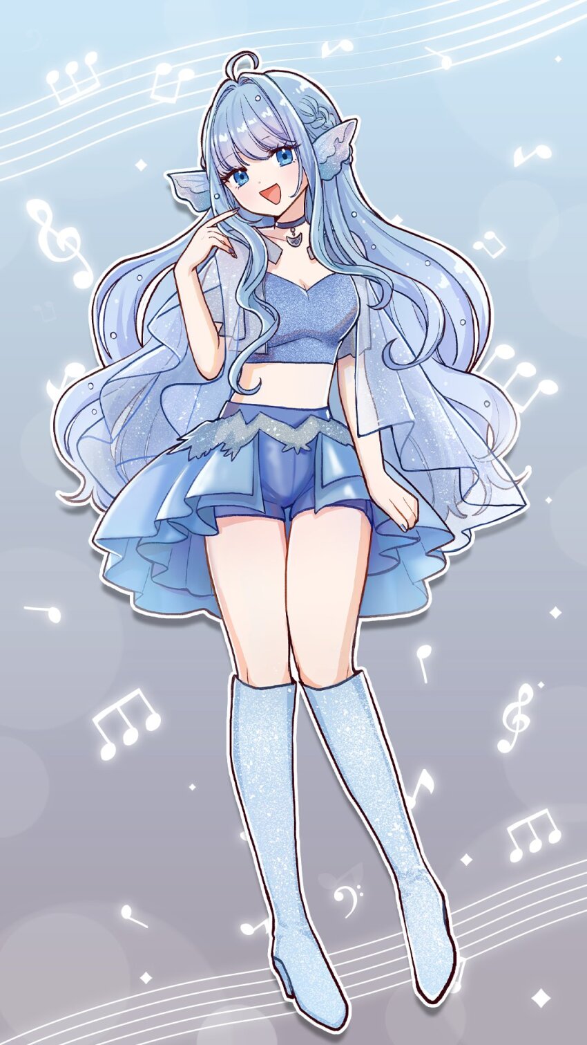 1girl, ahoge, alpha_betta_(vtuber), bass_clef, beamed_eighth_notes, blue_background, blue_boots, blue_choker