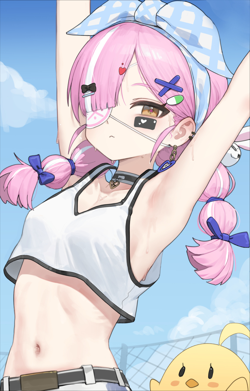 1girl, :<, absurdres, armpits, arms_up, azur_lane, bare_arms, bare_shoulders, belt, black_choker, bow, braid, breasts, choker, collarbone, commentary, crop_top, crop_top_overhang, earrings, eyepatch, facial_mark, hair_bow, hair_over_one_eye, hair_ribbon, highres, jewelry, long_hair, looking_at_viewer, manjuu_(azur_lane), midriff, multicolored_hair, navel, official_alternate_costume, official_artist_extra, pink_hair, ribbon, romana, shirt, sky, sleeveless, sleeveless_shirt, small_breasts, solo, stomach, streaked_hair, sweat, twin_braids, twintails, two-tone_choker, white_shirt, yellow_eyes, z47_(azur_lane), z47_(batter_home_run)_(azur_lane)
