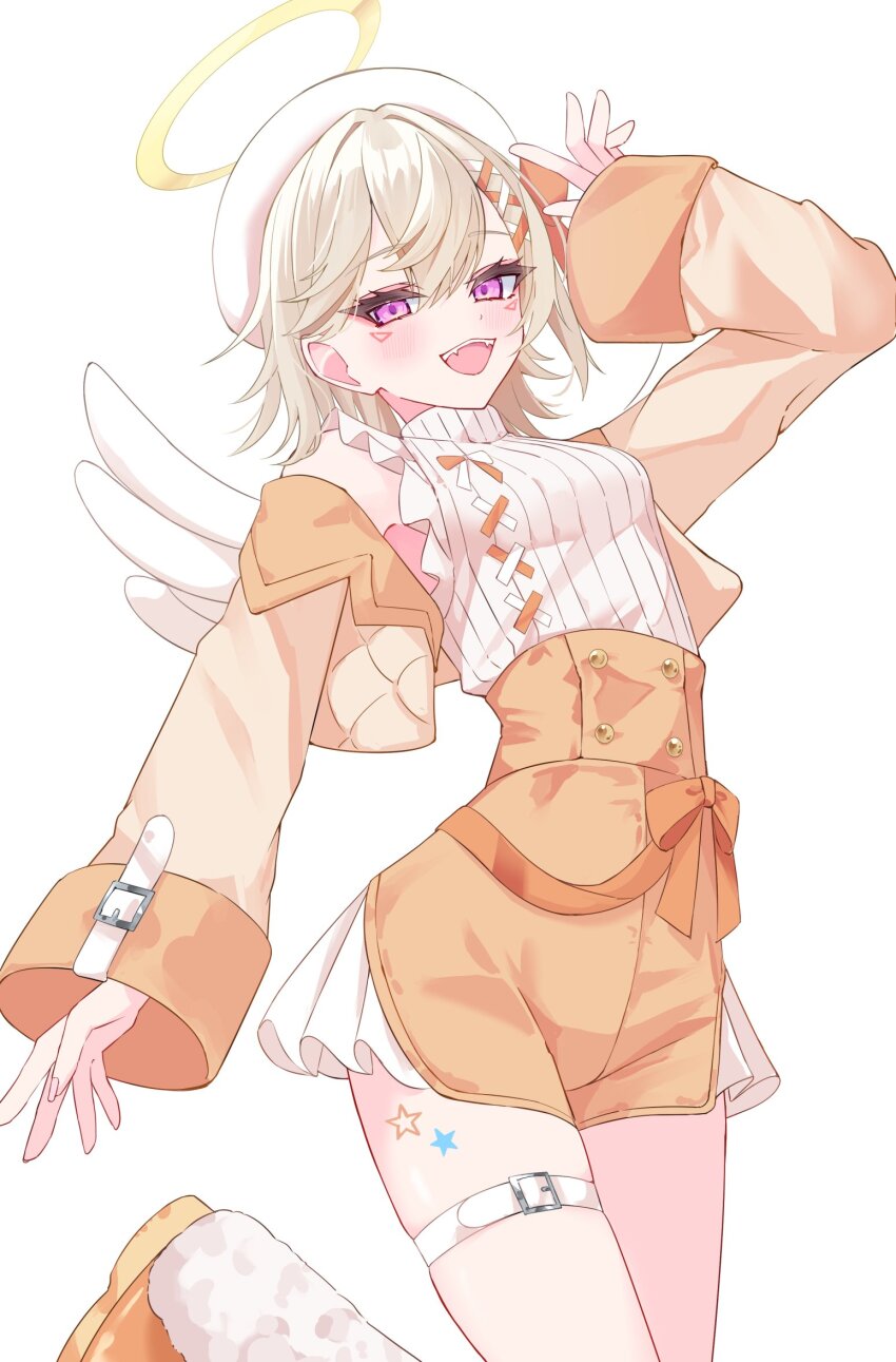 1girl, arm_up, blonde_hair, blush, commentary, cropped_jacket, facial_mark, hair_tie