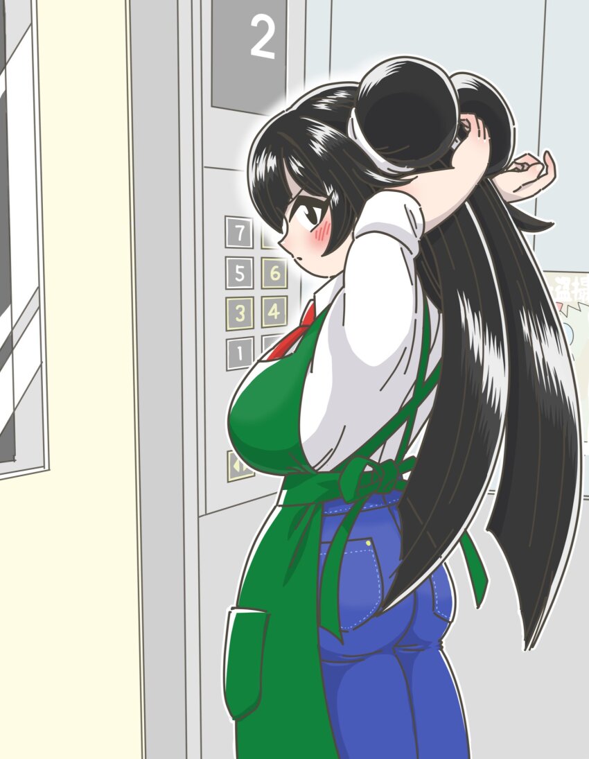 1girl, adjusting_hair, annoyed, apron, arms_up, ass, black_eyes, black_hair
