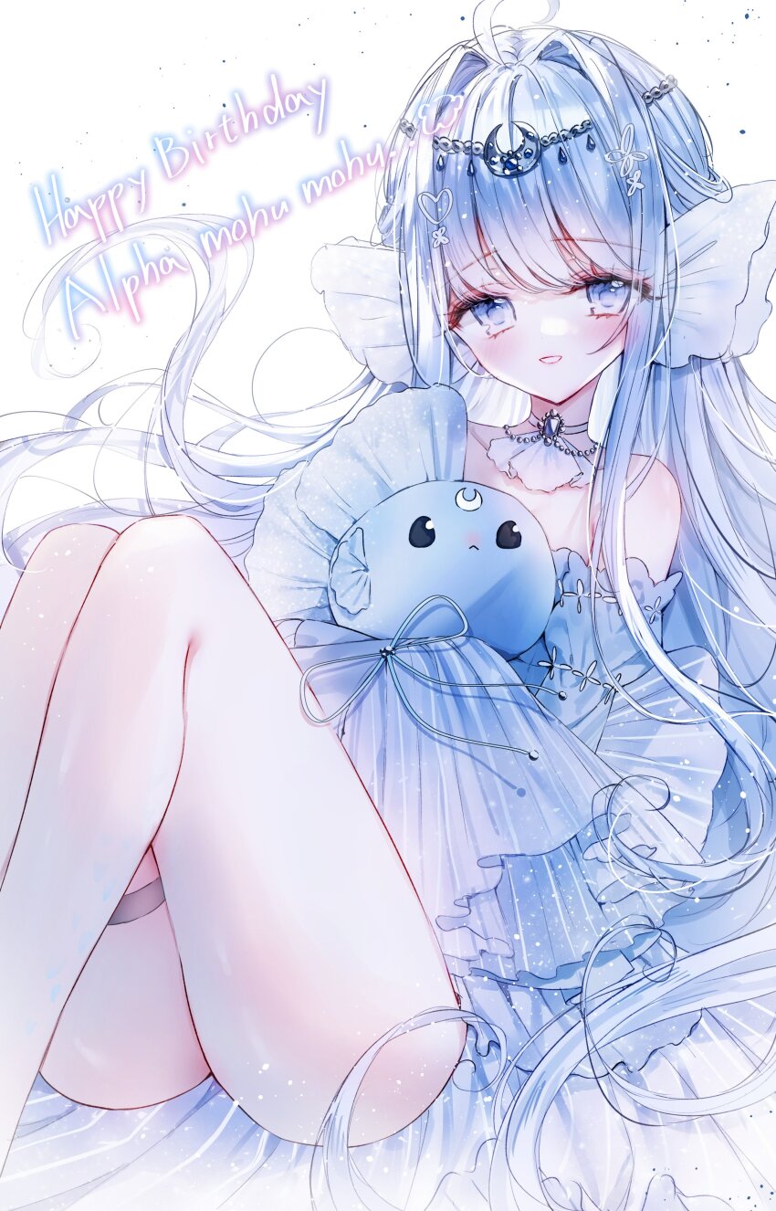 1girl, absurdres, ahoge, alpha_betta_(vtuber), bare_legs, bare_shoulders, blue_dress, blue_eyes