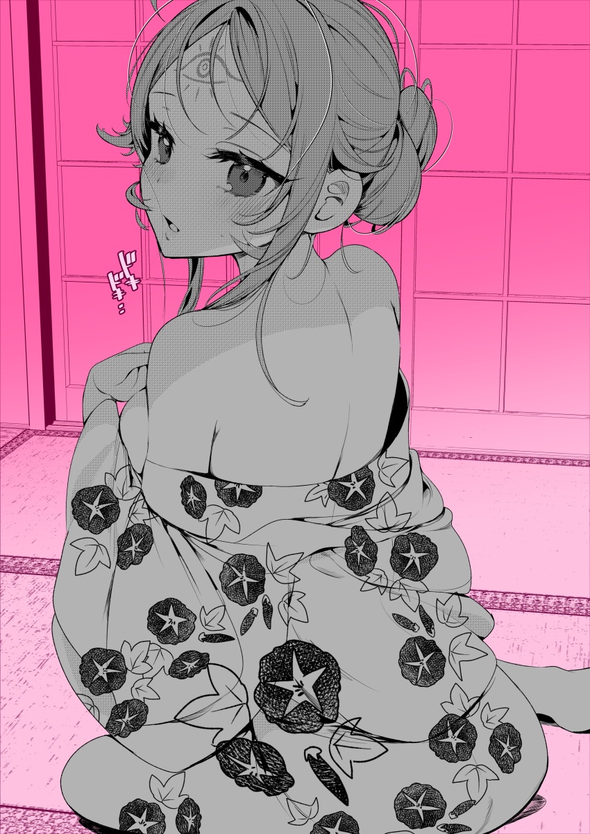 1girl, absurdres, back, bare_shoulders, blush, breasts, chihaya_senri, commentary_request