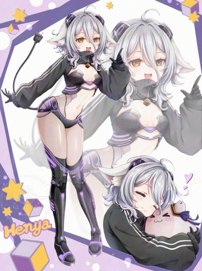 >_<, 1girl, :3, akomaruillust, animal_ears, breasts, cleavage, closed_eyes