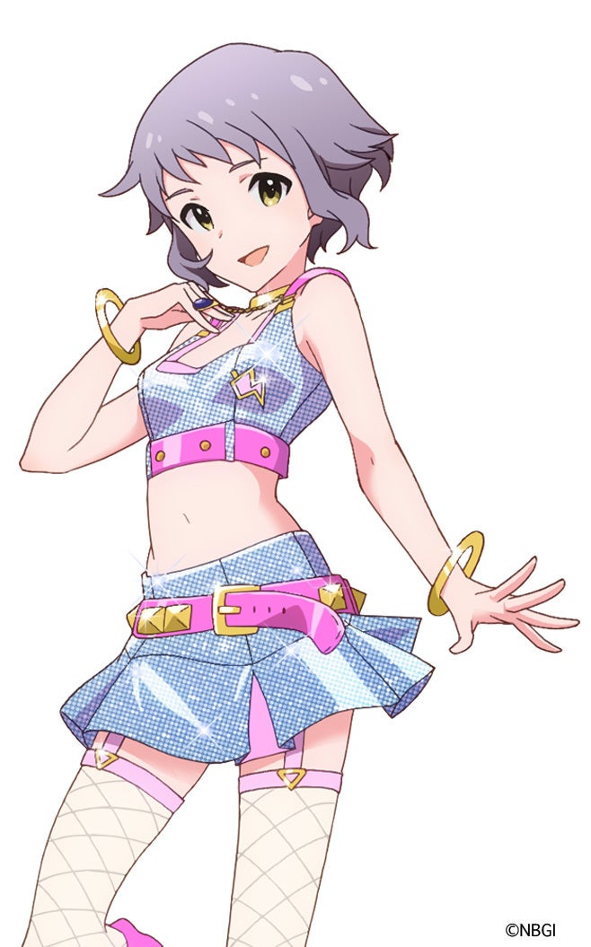 1girl, :d, belt, belt_buckle, bracelet, breasts, buckle, chest_strap