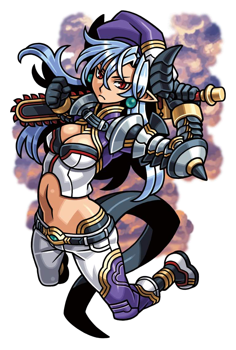 1girl, belt, black_belt, black_gloves, black_horns, black_tail, blue_hair, breasts