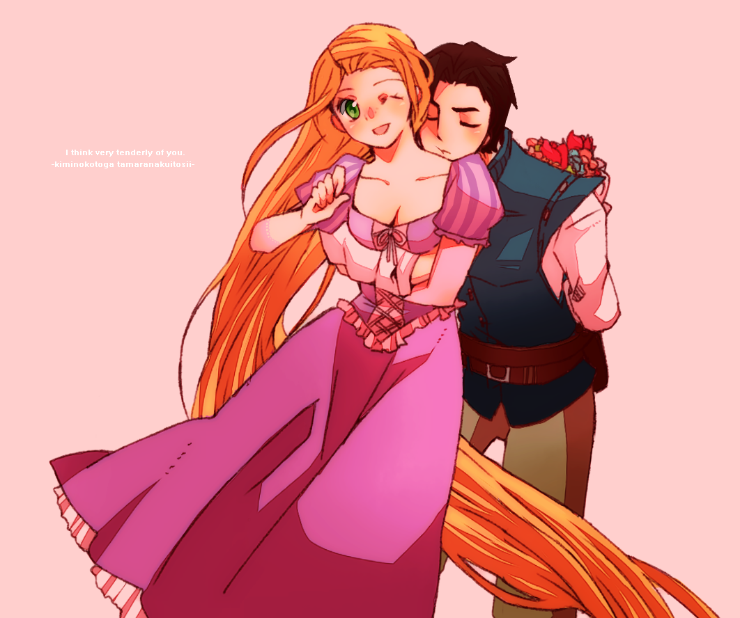 1boy, 1girl, animification, blonde_hair, bouquet, brown_hair, closed_eyes, couple, disney, dress, flower, flynn_rider, green_eyes, hetero, hug, long_hair, maseri_0117, one_eye_closed, open_mouth, rapunzel_(disney), rapunzel_(fairy_tale), smile, tangled, very_long_hair, wink