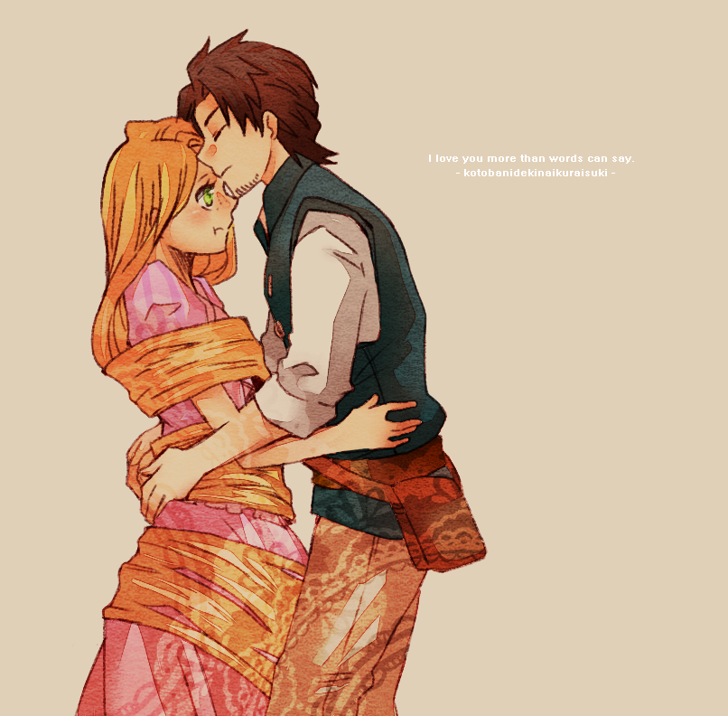 1boy, 1girl, animification, blonde_hair, brown_hair, closed_eyes, couple, disney, dress, flynn_rider, green_eyes, hetero, hug, kiss, kissing_forehead, long_hair, maseri_0117, pout, rapunzel_(disney), rapunzel_(fairy_tale), short_hair, tangled, very_long_hair
