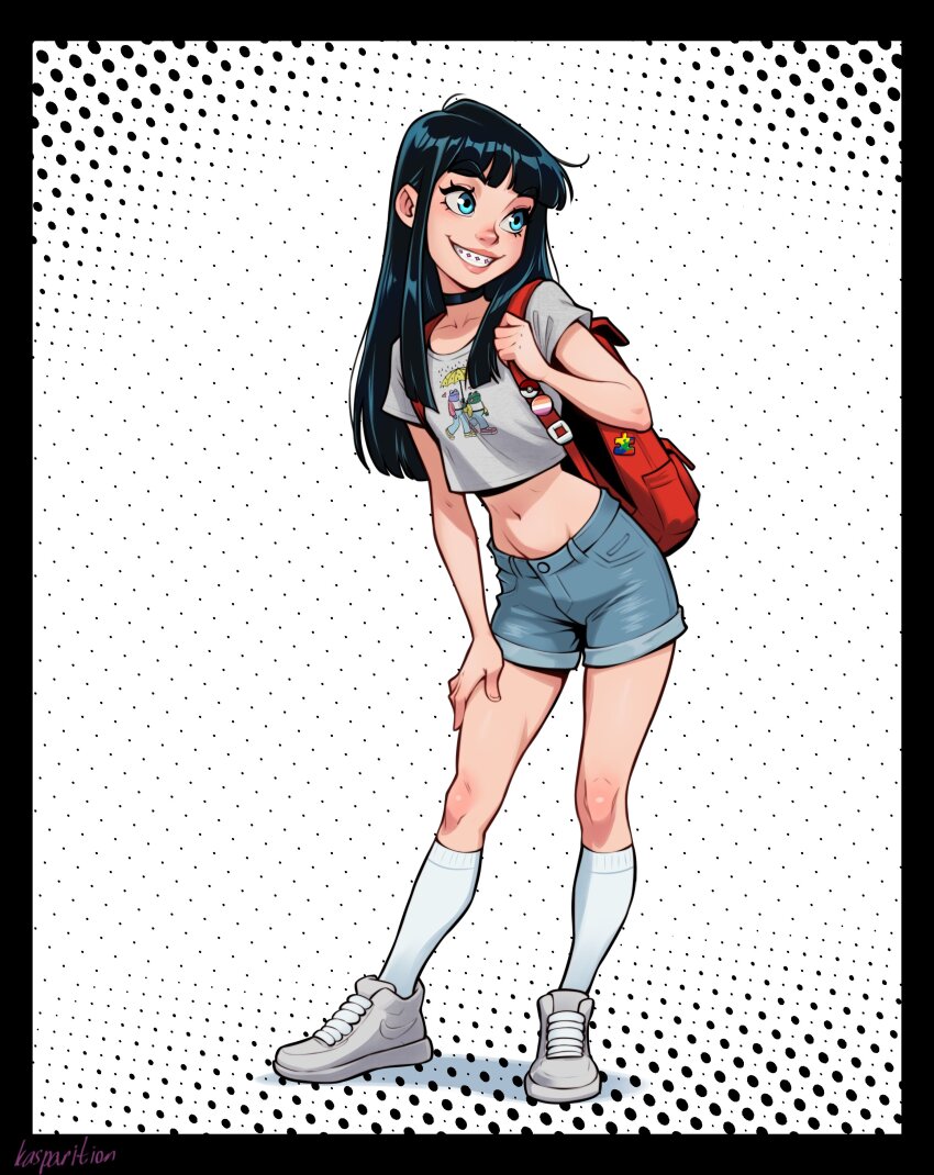 absurdres, artist_name, backpack, bag, black_border, black_hair, blue_eyes, blunt_bangs, border, braces, contrapposto, crop_top, denim, denim_shorts, eyelashes, facing_to_the_side, flat_chest, grey_shirt, hair_behind_ear, hand_on_own_thigh, highres, holding_strap, kasparition, kneehighs, leaning_forward, long_hair, long_sidelocks, looking_afar, midriff, narrow_waist, navel, polka_dot, polka_dot_background, red_bag, shirt, shoes, short_shorts, short_sleeves, shorts, sidelocks, skinny, skirt, slim_legs, smile, sneakers, socks, standing, teeth, white_shoes, white_socks