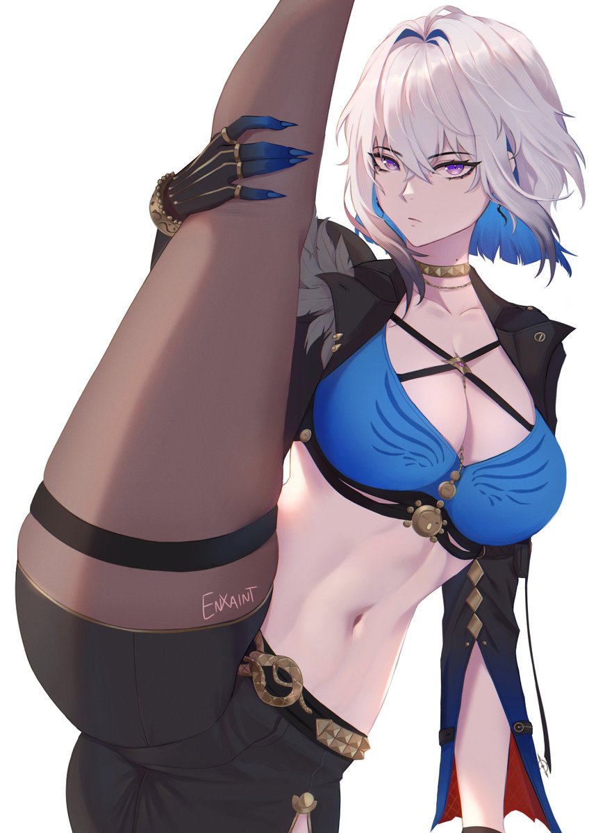 1girl, arm_up, bandeau, black_jacket, black_shorts, blue_bandeau, blue_hair, blue_hands, breasts, cleavage, collarbone, criss-cross_straps, cropped_jacket, enxaint, galbrena_(wuthering_waves), gold_choker, grey_hair, hair_between_eyes, jacket, large_breasts, looking_at_viewer, medium_hair, midriff, mole, mole_on_neck, multicolored_hair, navel, open_clothes, open_jacket, purple_eyes, shorts, sidelocks, simple_background, solo, split, standing, standing_on_one_leg, standing_split, very_long_fingernails, white_background, wuthering_waves