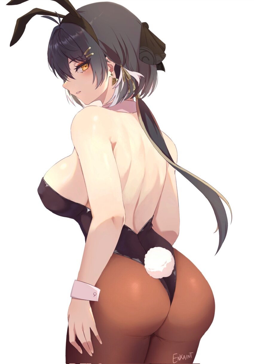 1girl, alternate_costume, animal_ear_hairband, animal_ears, ass, back, bare_shoulders, black_bow