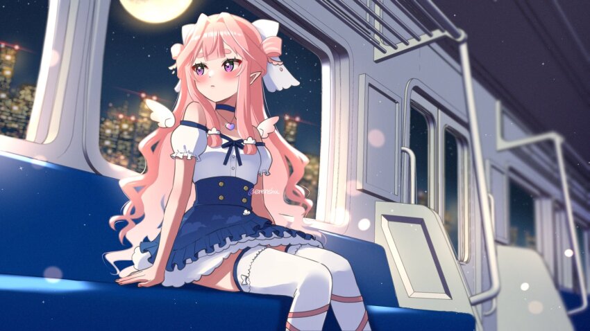 1girl, blue_choker, blue_skirt, blush, choker, closed_mouth, commentary_request, detached_wings