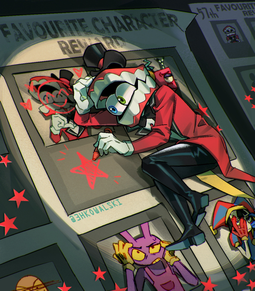 1girl, 1other, 2boys, 3hkowalski, asymmetrical_gloves, black_bow, black_bowtie, black_pants