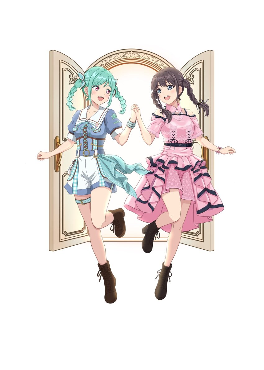 2girls, animification, aspire_(love_live!), braid, breasts, brown_hair, colored_eyelashes, commentary_request