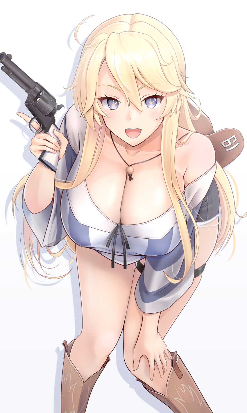 1girl, absurdres, ahoge, bilingual_commentary, blonde_hair, blue_eyes, boots, breasts