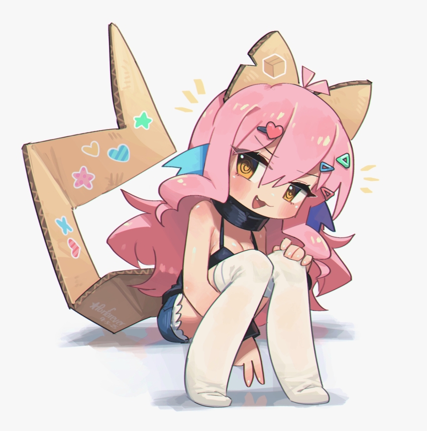 1girl, :3, :d, antenna_hair, bare_shoulders, black_shirt, blue_shorts, blush, breasts, brown_eyes, cardboard_ears, cardboard_tail, cleavage, commentary, dated, double-parted_bangs, english_commentary, fang, full_body, hair_between_eyes, hand_on_own_knee, highres, large_breasts, long_hair, looking_at_viewer, no_shoes, open_mouth, original, pink_hair, porforever, shirt, short_shorts, shorts, signature, simple_background, sitting, sleeveless, sleeveless_shirt, smile, solo, spaghetti_strap, thighhighs, white_background, white_thighhighs