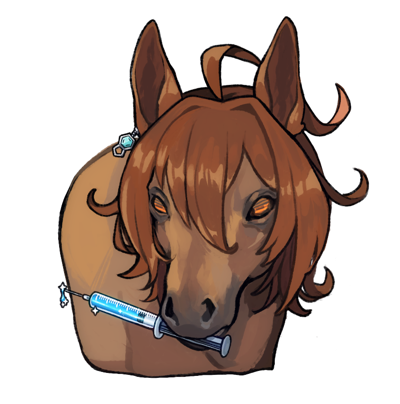 agnes_tachyon_(racehorse), agnes_tachyon_(umamusume), ahoge, animal_ears, animal_focus, borrowed_hairstyle, brown_hair, brown_horse