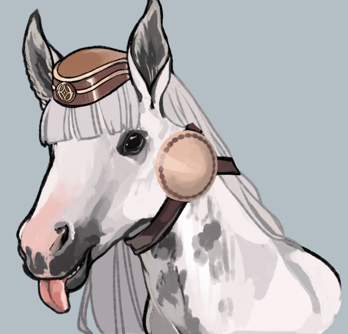 animal_ears, animal_focus, borrowed_hairstyle, brown_hat, gold_ship_(racehorse), gold_ship_(umamusume), grey_hair, hat