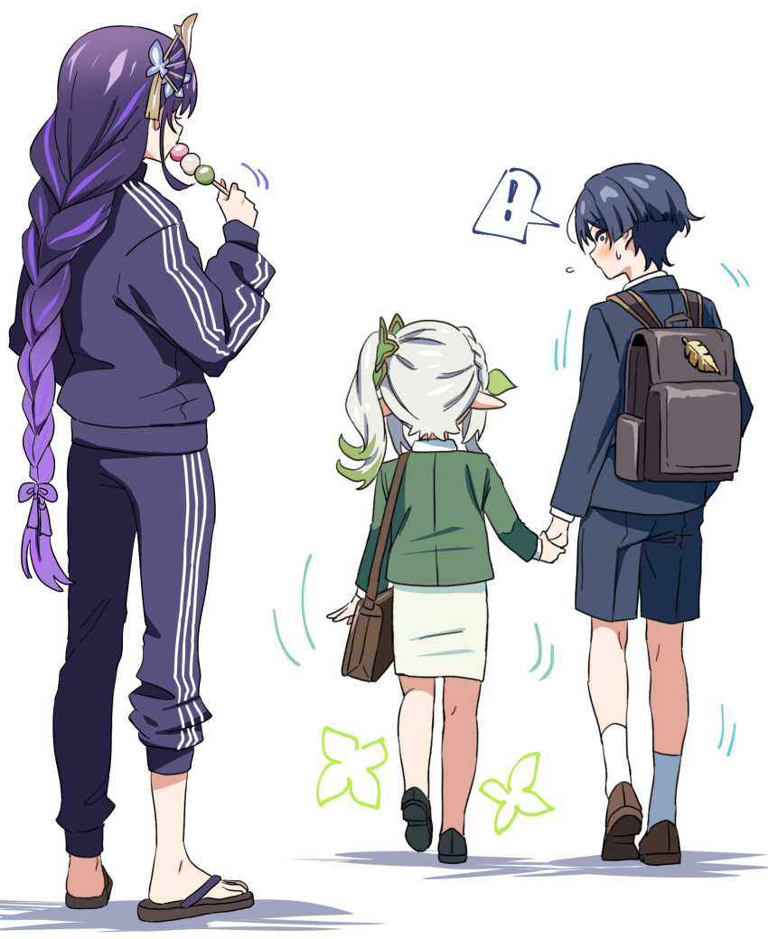 !, 1boy, 2girls, alternate_costume, alternate_universe, arms_at_sides, asymmetrical_pants, backpack