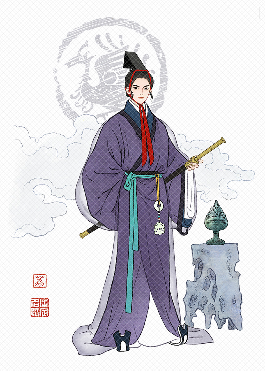 1boy, black_eyes, black_hair, chinese_clothes, chinese_commentary, closed_mouth, cloud, commentary_request, full_body, hanfu, hat, highres, holding, holding_weapon, incense_burner, lizhi_xiaochaorou, long_sleeves, looking_at_viewer, male_focus, original, red_hair, robe, rockery, sheath, sleeves_past_wrists, solo, standing, sword, weapon, white_background, wide_sleeves, xiao_guan_(headdress), yaopei, zhijupao