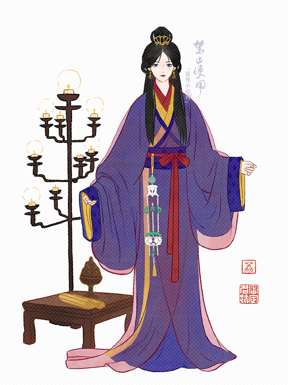 1girl, bamboo_slips, black_hair, blue_eyes, candle, candlestand, chinese_clothes, chinese_commentary, chinese_text, commentary_request, earrings, full_body, hair_bun, hair_ornament, hanfu, highres, jewelry, lizhi_xiaochaorou, long_hair, long_sleeves, looking_at_viewer, original, ribbon, robe, simple_background, single_hair_bun, sleeves_past_wrists, solo, standing, table, topknot, white_background, wide_sleeves, yaopei, zhijupao