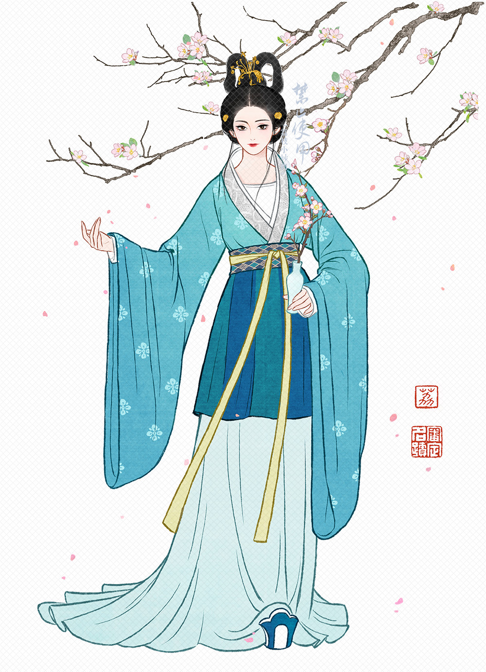 1boy, 1girl, black_eyes, black_hair, branch, chinese_clothes, chinese_commentary, chinese_text, commentary_request, feixianji_(hairstyle), flower, full_body, hair_bun, hair_ornament, hair_ribbon, hair_rings, hanfu, highres, holding, holding_vase, jiaoling_ruqun, leaf, lizhi_xiaochaorou, long_hair, long_sleeves, male_focus, original, peach_blossom, ribbon, simple_background, solo, standing, tassel, vase, white_background, wide_sleeves, yuntouxie