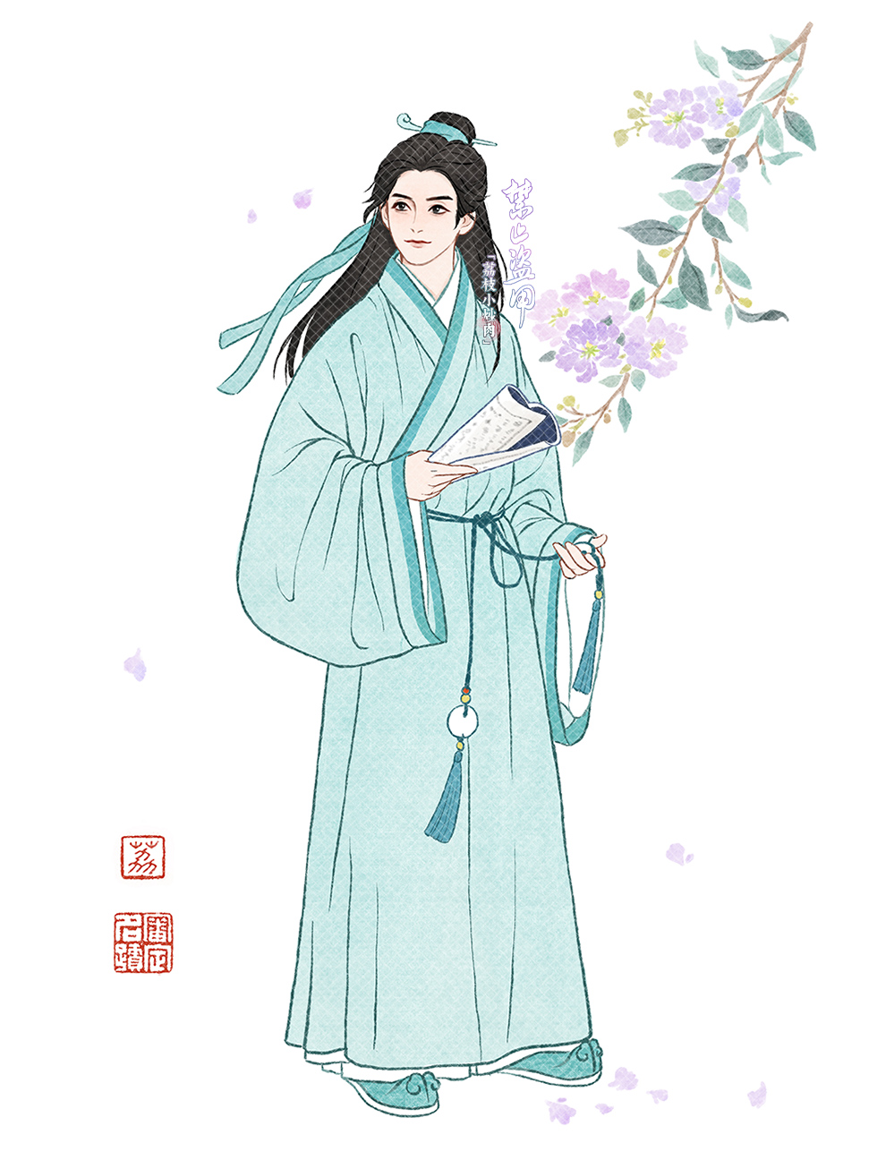 1boy, 1girl, black_eyes, black_hair, branch, chinese_clothes, chinese_commentary, chinese_text