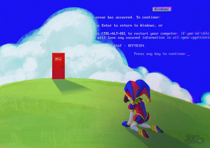 absurdres, asymmetrical_footwear, blue_background, blue_gloves, blue_hat, blue_screen_of_death, brown_hair, cloud, colored_skin, door, english_text, exit_sign, from_behind, full_body, gloves, grass, hat, highres, hill, jester_cap, jester_costume, kneeling, liminal_space, microsoft_windows, pomni_(the_amazing_digital_circus), puffy_short_sleeves, puffy_sleeves, pulsar_a11, red_door, red_hat, short_hair, short_sleeves, the_amazing_digital_circus, two-tone_hat, white_skin