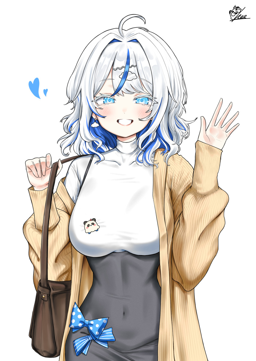 1girl, absurdres, ahoge, aokumo_rin, bag, blue_bow, blue_eyes, blush