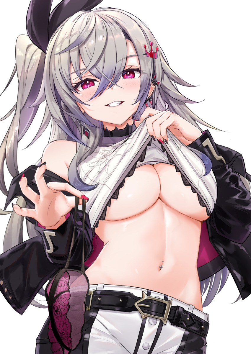 1girl, absurdres, belt, black_belt, black_bow, black_jacket, black_pants, bow, bra, breasts, clothes_lift, commentary_request, double-parted_bangs, earclip, grey_hair, grin, hair_between_eyes, hair_bow, heckler_kai, highres, holding, holding_bra, holding_underwear, holding_unworn_clothes, hololive, hololive_dev_is, isaki_riona, isaki_riona_(1st_costume), jacket, large_breasts, long_hair, long_hair_between_eyes, looking_at_viewer, navel_piercing, off_shoulder, one_side_up, pants, piercing, purple_bra, red_eyes, shirt, shirt_lift, sidelocks, simple_background, sleeveless, sleeveless_shirt, smile, solo, stomach, two-tone_pants, underboob, underwear, virtual_youtuber, white_background, white_pants, white_shirt