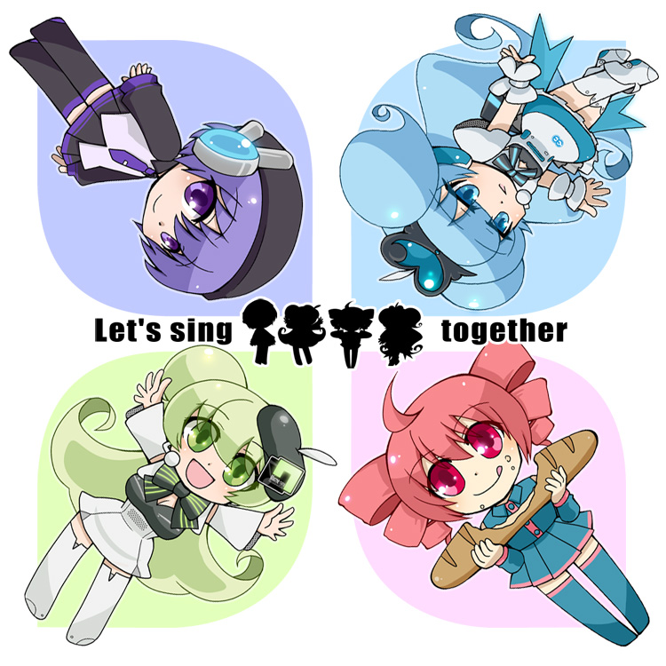 4girls, baguette, beret, bread, commentary_request, drill_hair, food, hat