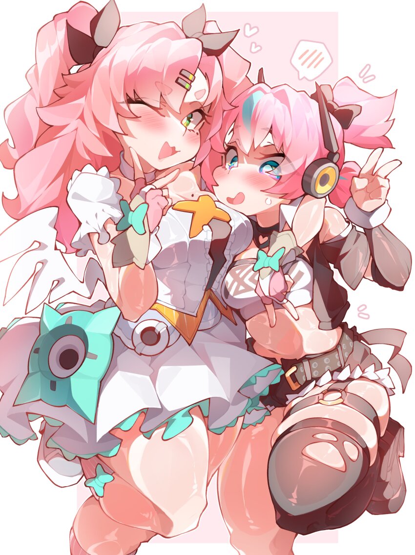 2girls, ;d, absurdres, aria_(zenless_zone_zero), aria_(zenless_zone_zero)_(cosplay), blue_eyes, breasts, commentary