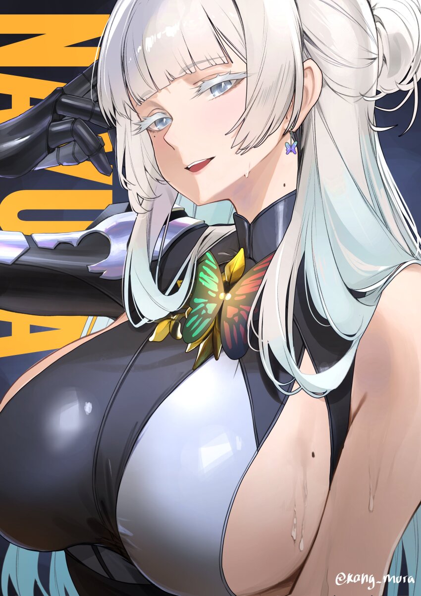 1girl, absurdres, alternate_breast_size_(larger), blue_eyes, bodysuit, breasts, colored_eyelashes, commentary