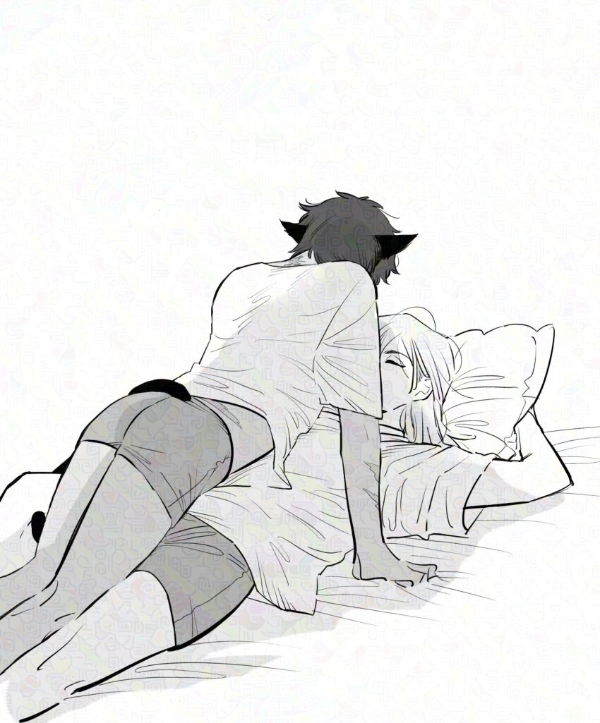 2girls, adora_(she-ra), animal_ears, cat_ears, cat_girl, cat_tail, catra, gaugau7696, girl_on_top, greyscale, highres, long_hair, lying, monochrome, multiple_girls, on_back, pillow, she-ra_and_the_princesses_of_power, shirt, short_hair, shorts, tail, yuri