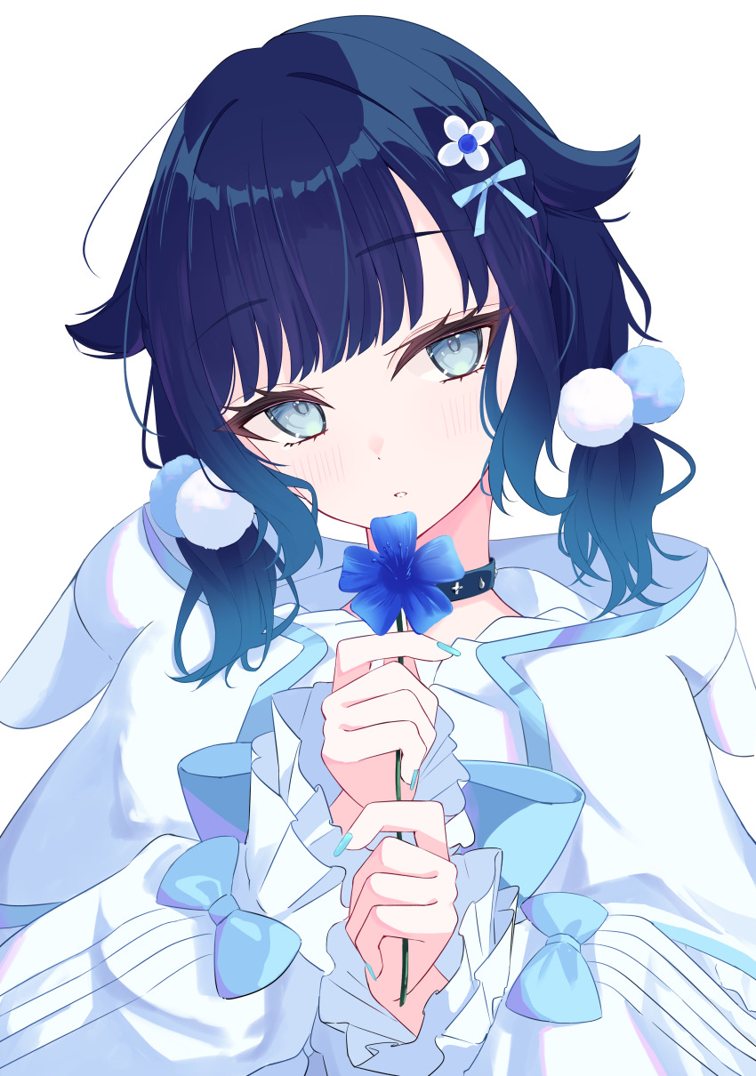 1girl, absurdres, blue_eyes, blue_flower, blue_hair, blue_nails, blush, collar