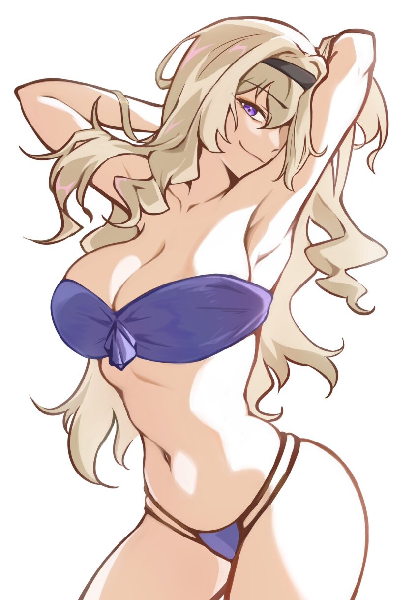 1girl, armpits, arms_behind_head, arms_up, bandeau, bikini, black_hairband, blonde_hair, breasts, character_request, cleavage, commentary_request, copyright_request, cowboy_shot, hairband, head_tilt, highres, large_breasts, long_hair, looking_at_viewer, navel, nittora, purple_bikini, purple_eyes, simple_background, smile, solo, standing, stomach, strapless, strapless_bikini, swimsuit, very_long_hair, white_background