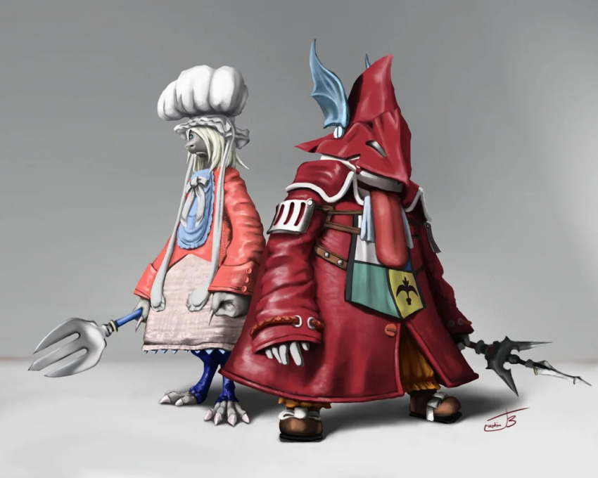 1girl, 1other, apron, barefoot, bib, bow, chef_hat, cosplay