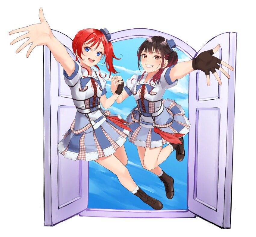 2girls, animification, black_hair, blue_eyes, blue_hat, brown_eyes, brown_gloves, brown_shoes