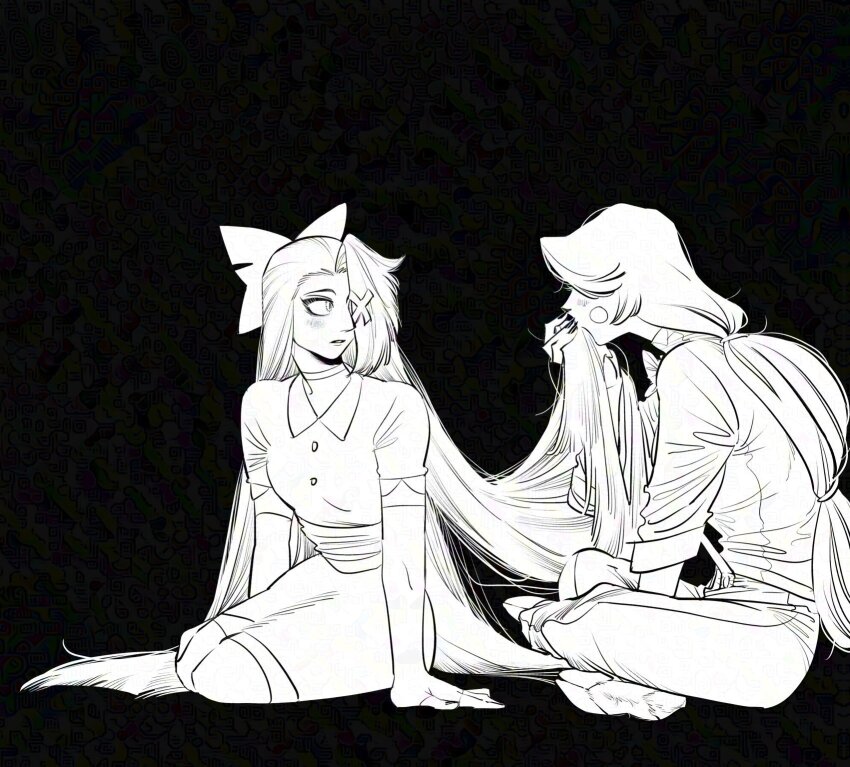 2girls, bow, charlie_morningstar, commentary, gaugau7696, greyscale, hair_bow, hair_over_one_eye, hashtag-only_commentary, hazbin_hotel, hellaverse, highres, kissing_hair, long_hair, low-tied_long_hair, monochrome, multiple_girls, sitting, vaggie, very_long_hair, yuri