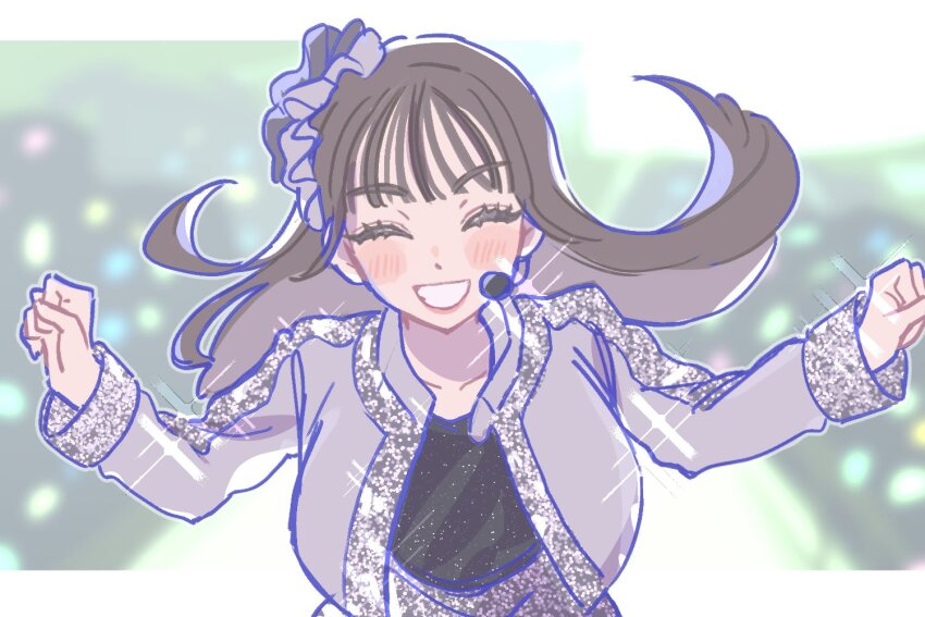 1girl, animification, black_shirt, brown_hair, clenched_teeth, closed_eyes, commentary_request, facing_viewer