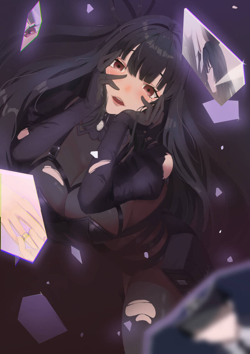 1boy, 1girl, absurdres, belt, black_belt, black_bodystocking, black_bridal_gauntlets, black_collar