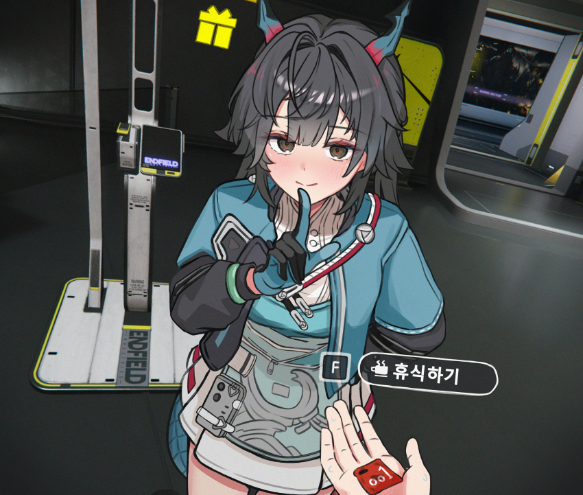 1girl, 1other, absurdres, arknights, arknights:_endfield, arm_behind_back, black_gloves, black_hair, blue_gloves, blue_jacket, blush, chen_qianyu_(arknights), condom, dragon_girl, dragon_horn, dragon_horns, duda_(duda1), eastern_dragon_horns, finger_to_mouth, game_screenshot_background, gloves, hand_up, highres, horns, indoors, jacket, korean_text, long_hair, looking_at_viewer, open_clothes, open_jacket, pov, pov_hands, screenshot_background, shushing, smile, solo_focus, standing, translation_request, twintails, two-sided_gloves, upper_body