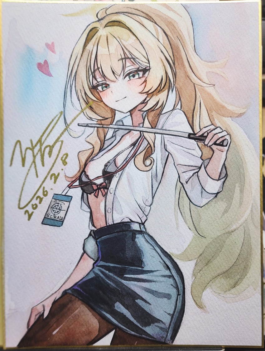 1girl, black_bra, black_pantyhose, black_skirt, blonde_hair, blue_archive, blush, bra