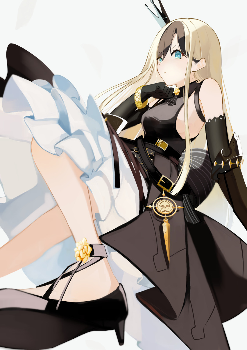 1girl, anku_(reverseblue), black_crown, black_dress, black_gloves, black_hair, blonde_hair, bracelet