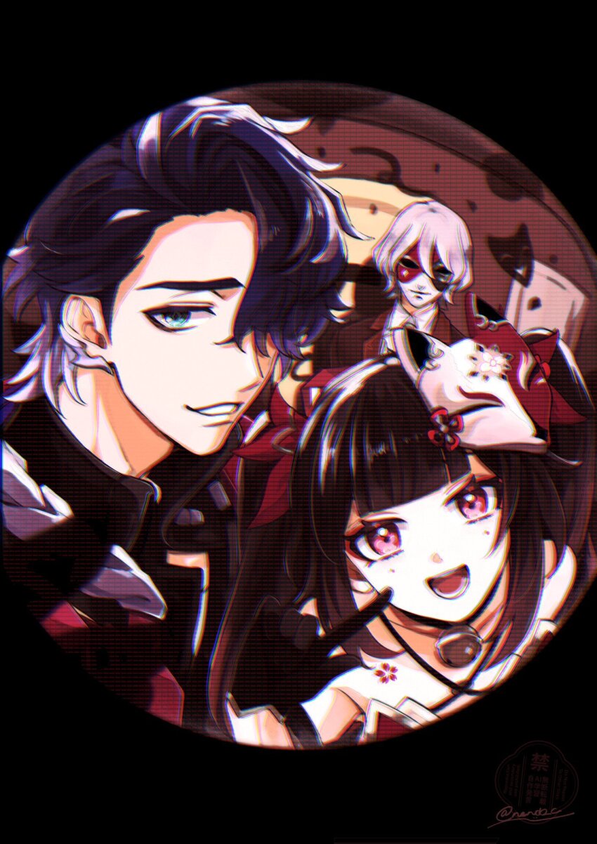 1girl, 2boys, :d, bell, black_hair, blue_hair, blunt_bangs, butterfly-shaped_pupils