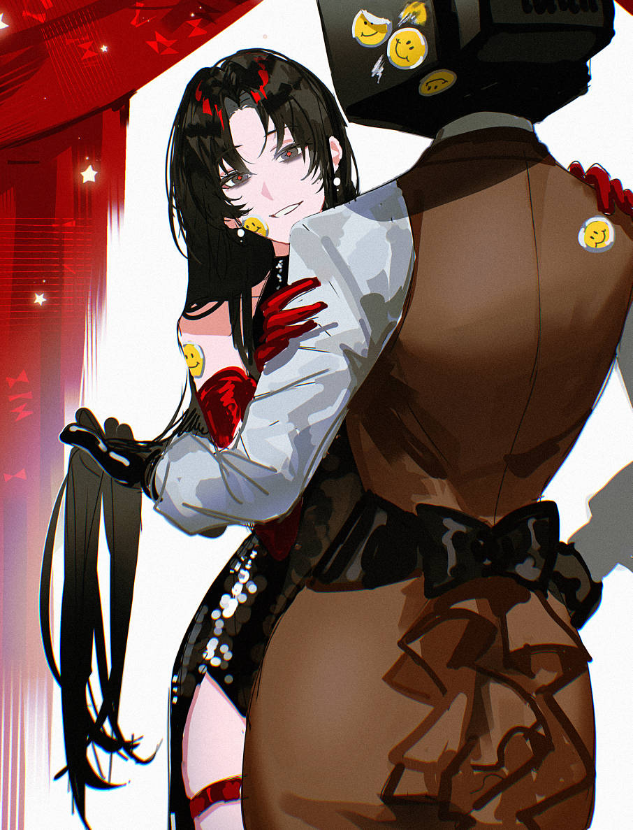 2girls, black_bow, black_dress, black_eyes, black_gloves, black_hair, bow, braun_(gwechul), brown_dress, commentary, dress, earrings, english_commentary, genderswap, genderswap_(mtf), gloves, gwechul, halterneck, hand_in_another's_hair, hand_on_another's_shoulder, jewelry, kim_soleum, long_hair, long_sleeves, multiple_girls, object_head, red_gloves, red_pupils, shirt, side_slit, smile, sticker, television, thigh_strap, threemato, very_long_hair, white_shirt, yuri