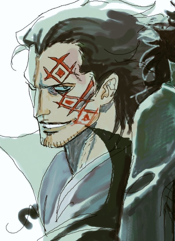 1boy, arm_tattoo, ascot, beard_stubble, commentary_request, facial_hair, facial_tattoo, hair_slicked_back