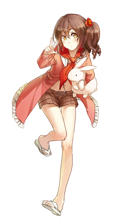1girl, animal, axis_powers_hetalia, bare_legs, blush, brown_hair, child, female_focus, flip-flops, flower, frills, full_body, hair_flower, hair_ornament, holding, jacket, leaning, leaning_forward, midriff, neckerchief, pigeon-toed, principality_of_wy_(hetalia), rabbit, rella, sandals, short_hair, shorts, side_ponytail, simple_background, solo, standing, standing_on_one_leg, v, w, white_background, yellow_eyes