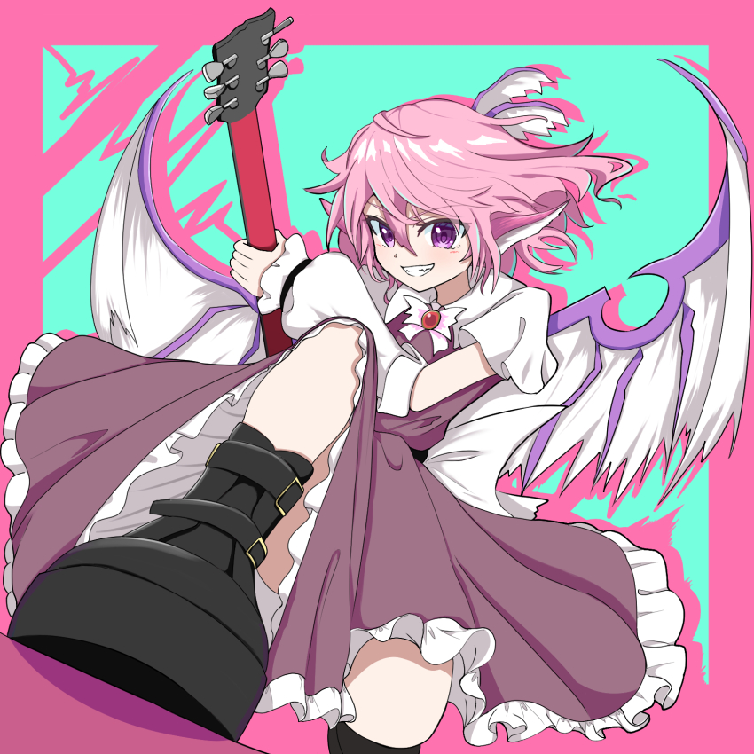 1girl, :d, animal_ears, aqua_background, bird_ears, bird_wings, black_shoes, border